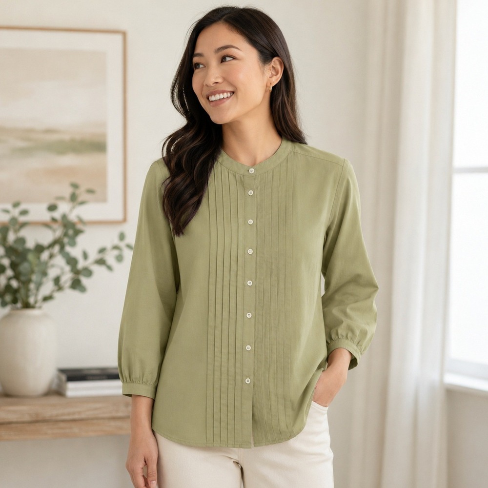 Boden 100% Linen Pintuck Blouse Sage Green Band Collar 3/4 Sleeve Top SIZE 10